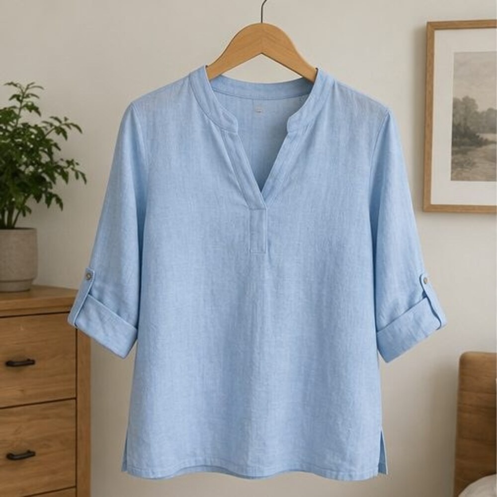 Powder Blue Linen Notch Neck Blouse